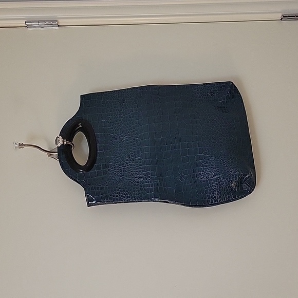 VTG 1990s Faux Alligator Teal Vertical Nappy Tote Festival Shopper Bag - Picture 2 of 7